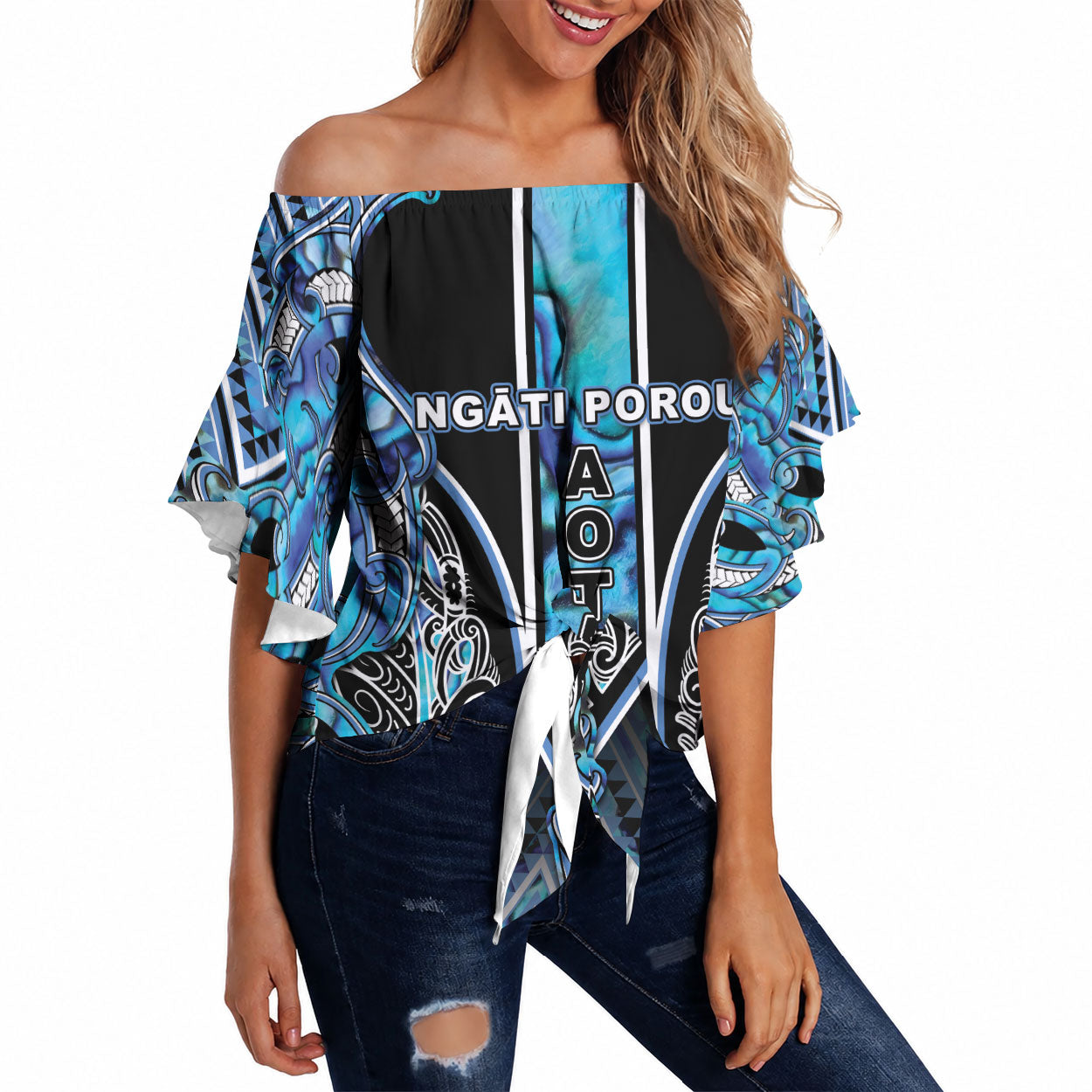 Aotearoa Ngati Porou Off Shoulder Wrap Waist Top Maori Light Blue Tribal Paua Shell Pattern