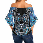 Aotearoa Ngati Porou Off Shoulder Wrap Waist Top Maori Light Blue Tribal Paua Shell Pattern