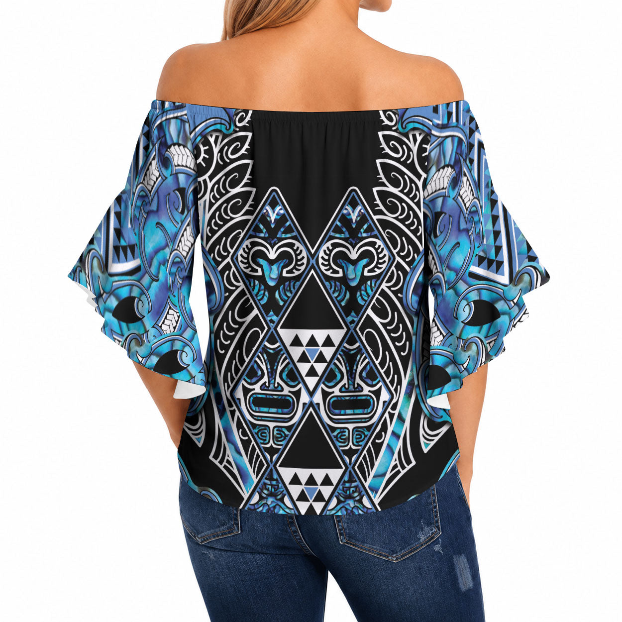 Aotearoa Ngati Porou Off Shoulder Wrap Waist Top Maori Light Blue Tribal Paua Shell Pattern