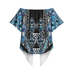 Aotearoa Ngati Porou Off Shoulder Wrap Waist Top Maori Light Blue Tribal Paua Shell Pattern