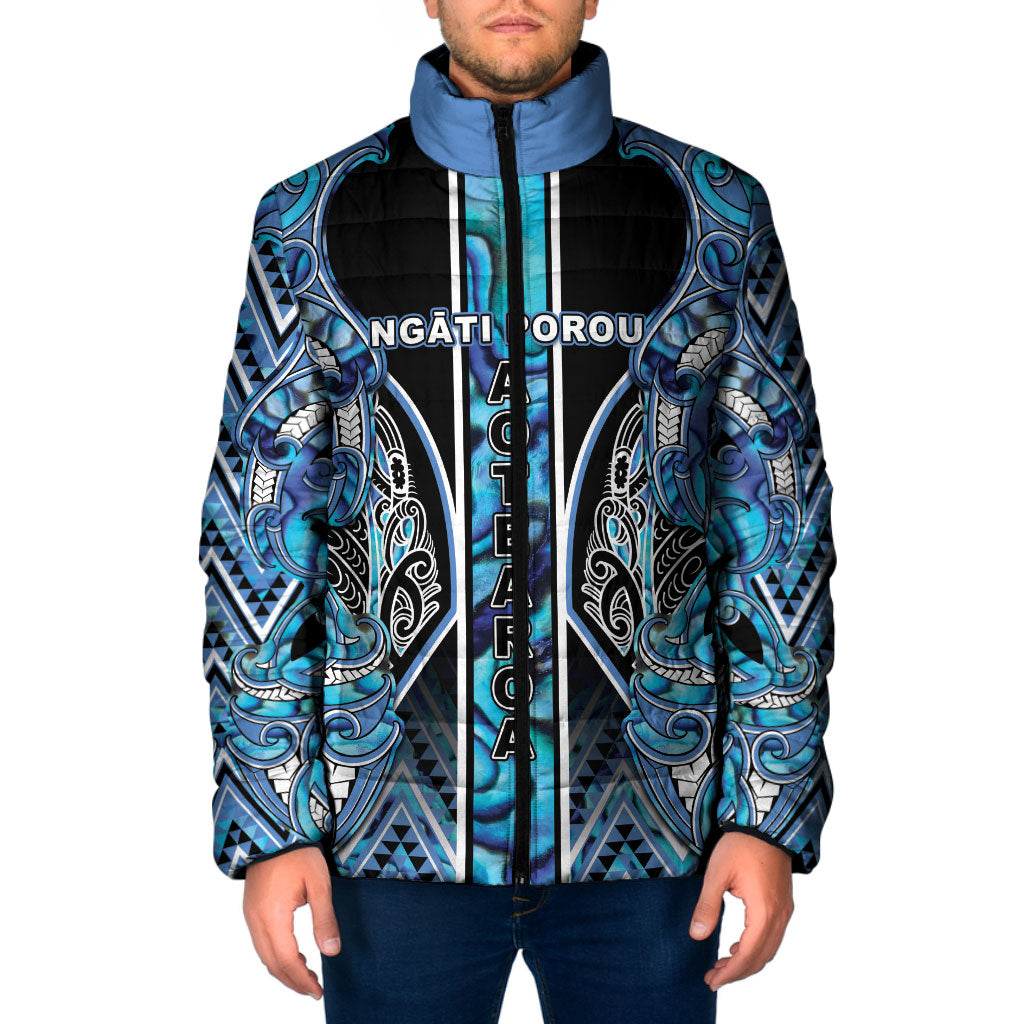 Aotearoa Ngati Porou Padded Jacket Maori Light Blue Tribal Paua Shell Pattern