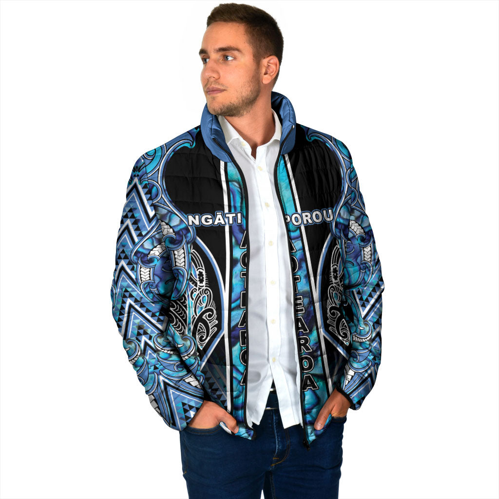 Aotearoa Ngati Porou Padded Jacket Maori Light Blue Tribal Paua Shell Pattern