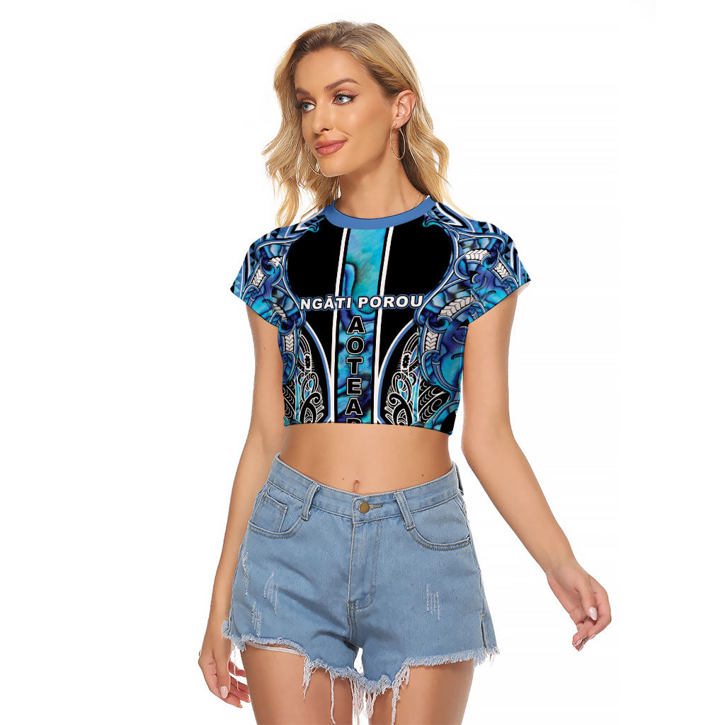 Aotearoa Ngati Porou Raglan Cropped T Shirt Maori Light Blue Tribal Paua Shell Pattern