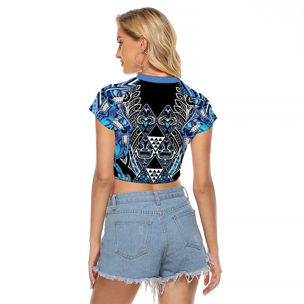 Aotearoa Ngati Porou Raglan Cropped T Shirt Maori Light Blue Tribal Paua Shell Pattern