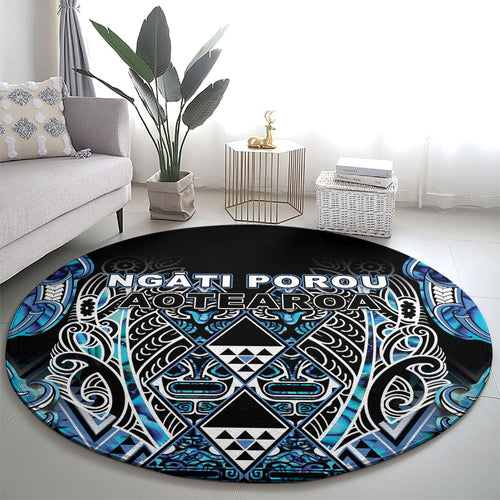 Aotearoa Ngati Porou Round Carpet Maori Light Blue Tribal Paua Shell Pattern