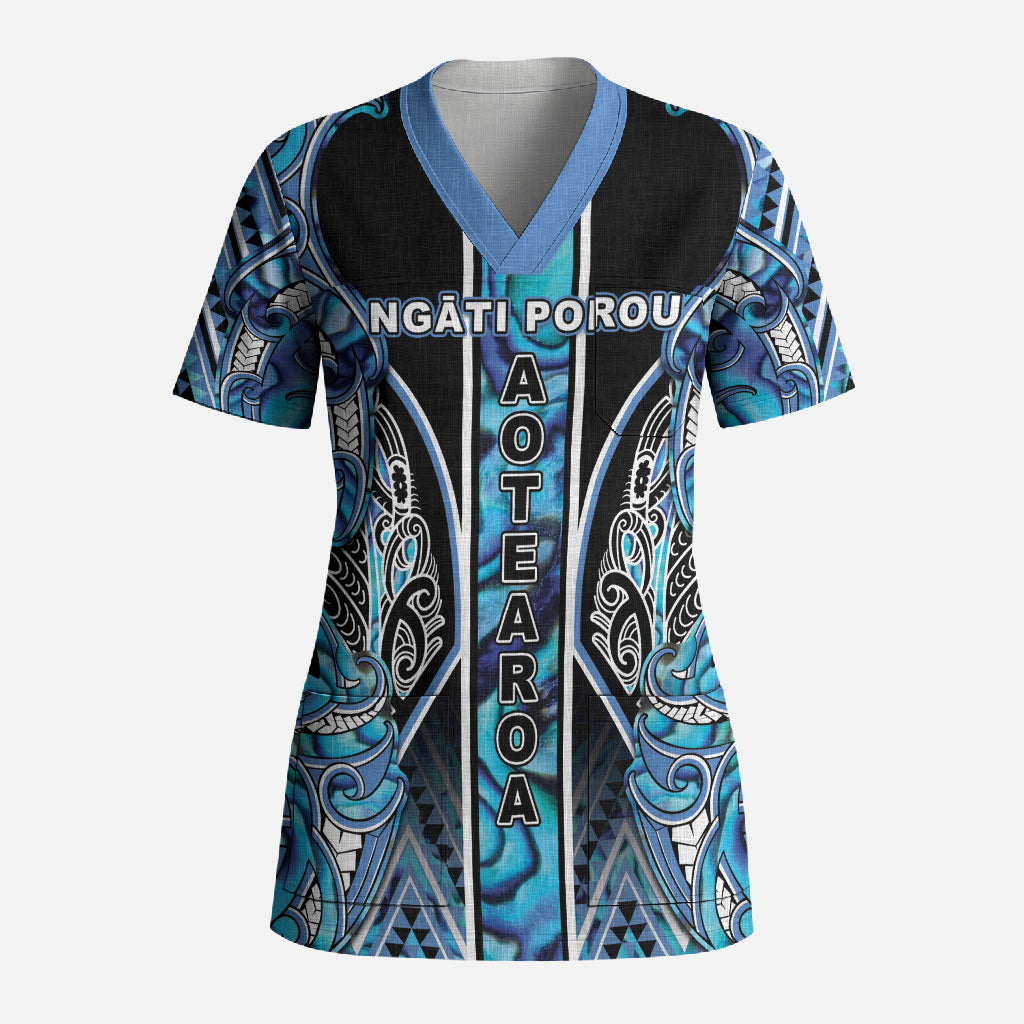 Aotearoa Ngati Porou Scrub Top Maori Light Blue Tribal Paua Shell Pattern