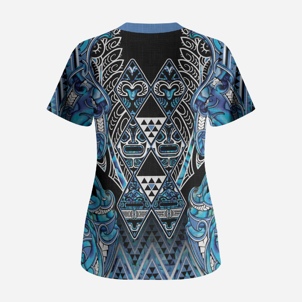 Aotearoa Ngati Porou Scrub Top Maori Light Blue Tribal Paua Shell Pattern