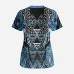 Aotearoa Ngati Porou Scrub Top Maori Light Blue Tribal Paua Shell Pattern