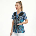 Aotearoa Ngati Porou Scrub Top Maori Light Blue Tribal Paua Shell Pattern