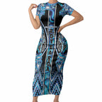 Aotearoa Ngati Porou Short Sleeve Bodycon Dress Maori Light Blue Tribal Paua Shell Pattern