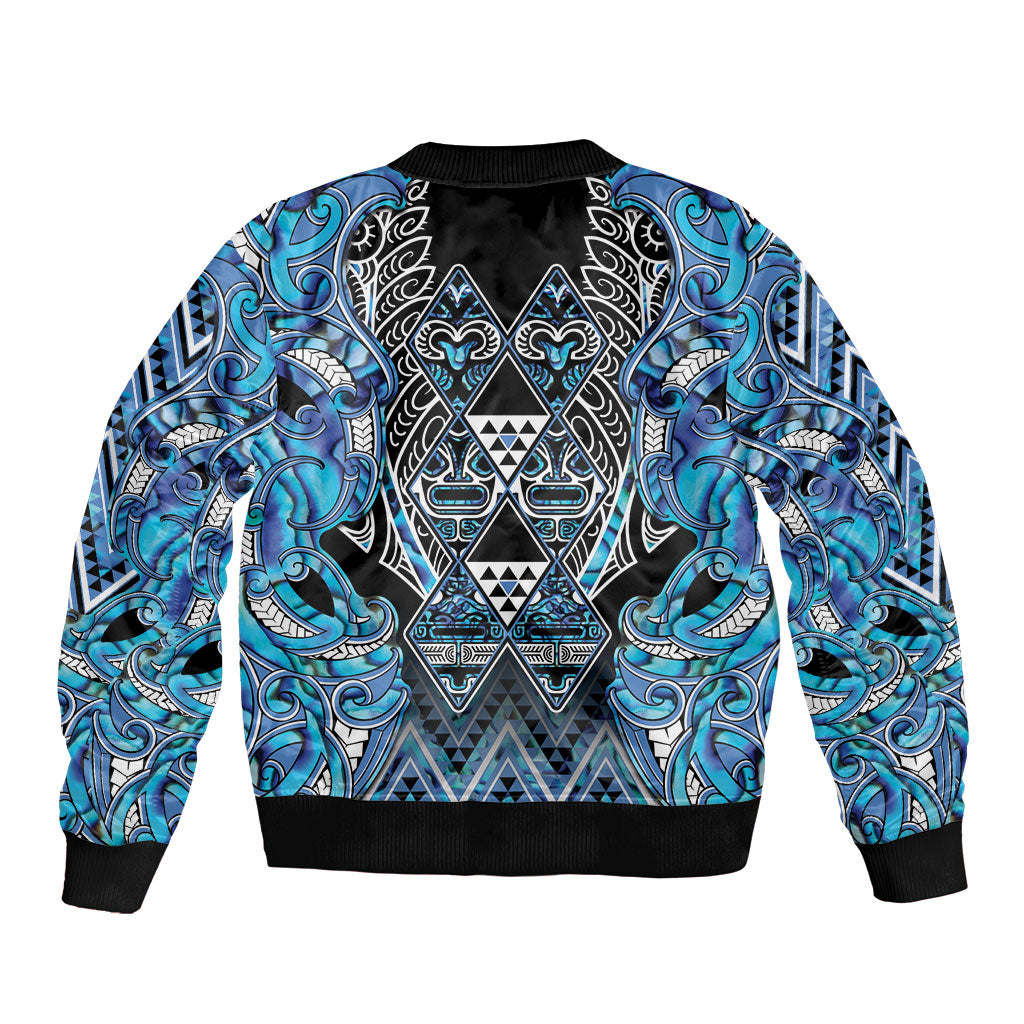 Aotearoa Ngati Porou Sleeve Zip Bomber Jacket Maori Light Blue Tribal Paua Shell Pattern