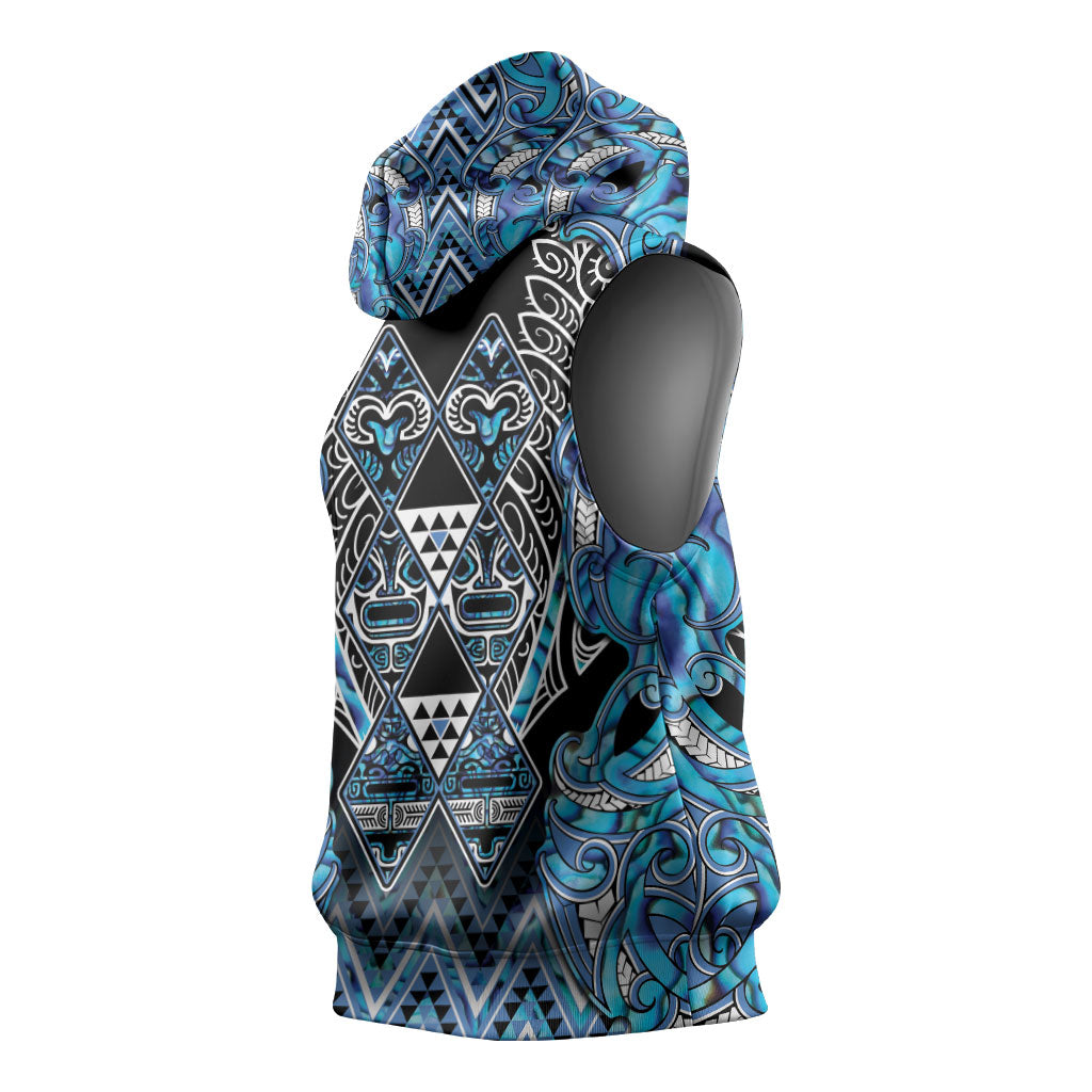 Aotearoa Ngati Porou Sleeveless Hoodie Maori Light Blue Tribal Paua Shell Pattern