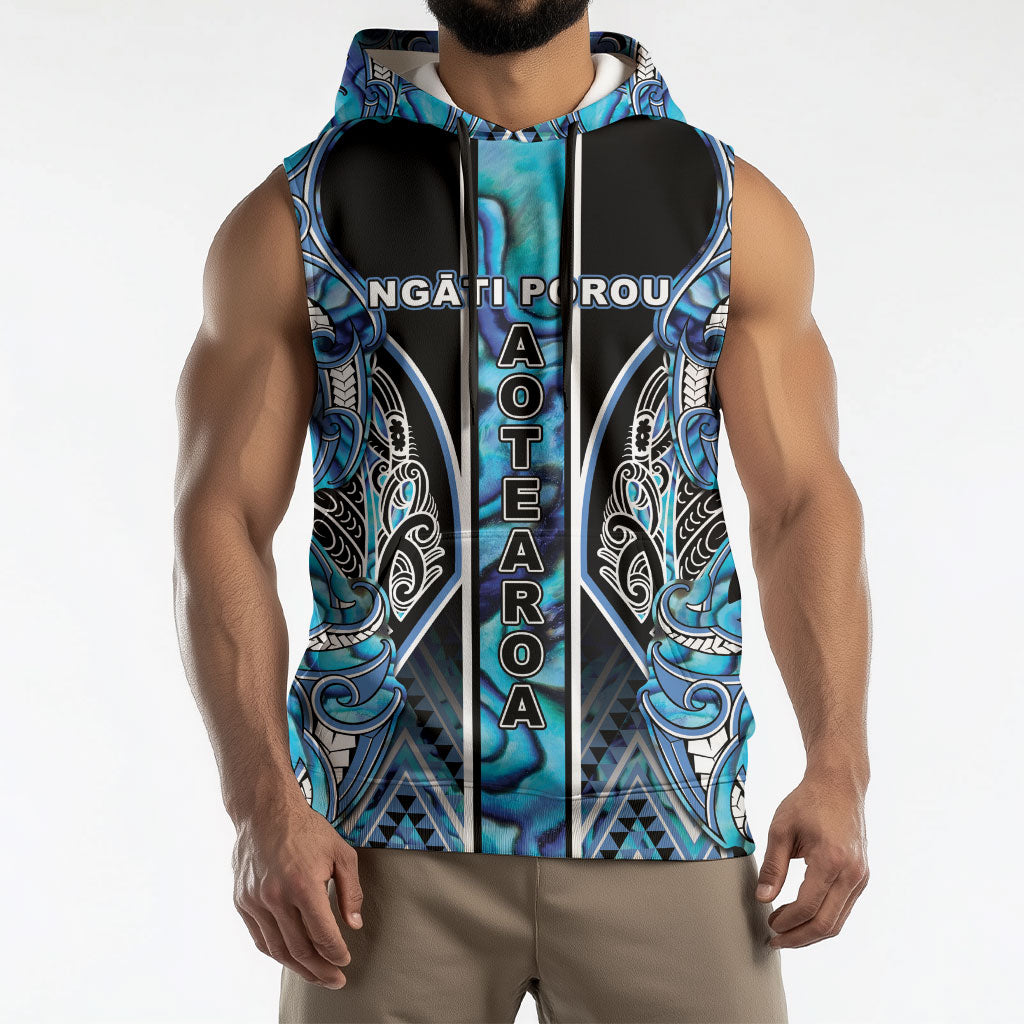 Aotearoa Ngati Porou Sleeveless Hoodie Maori Light Blue Tribal Paua Shell Pattern
