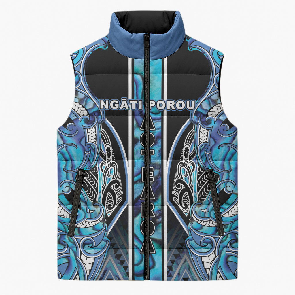 Aotearoa Ngati Porou Sleeveless Puffer Jacket Maori Light Blue Tribal Paua Shell Pattern