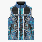 Aotearoa Ngati Porou Sleeveless Puffer Jacket Maori Light Blue Tribal Paua Shell Pattern