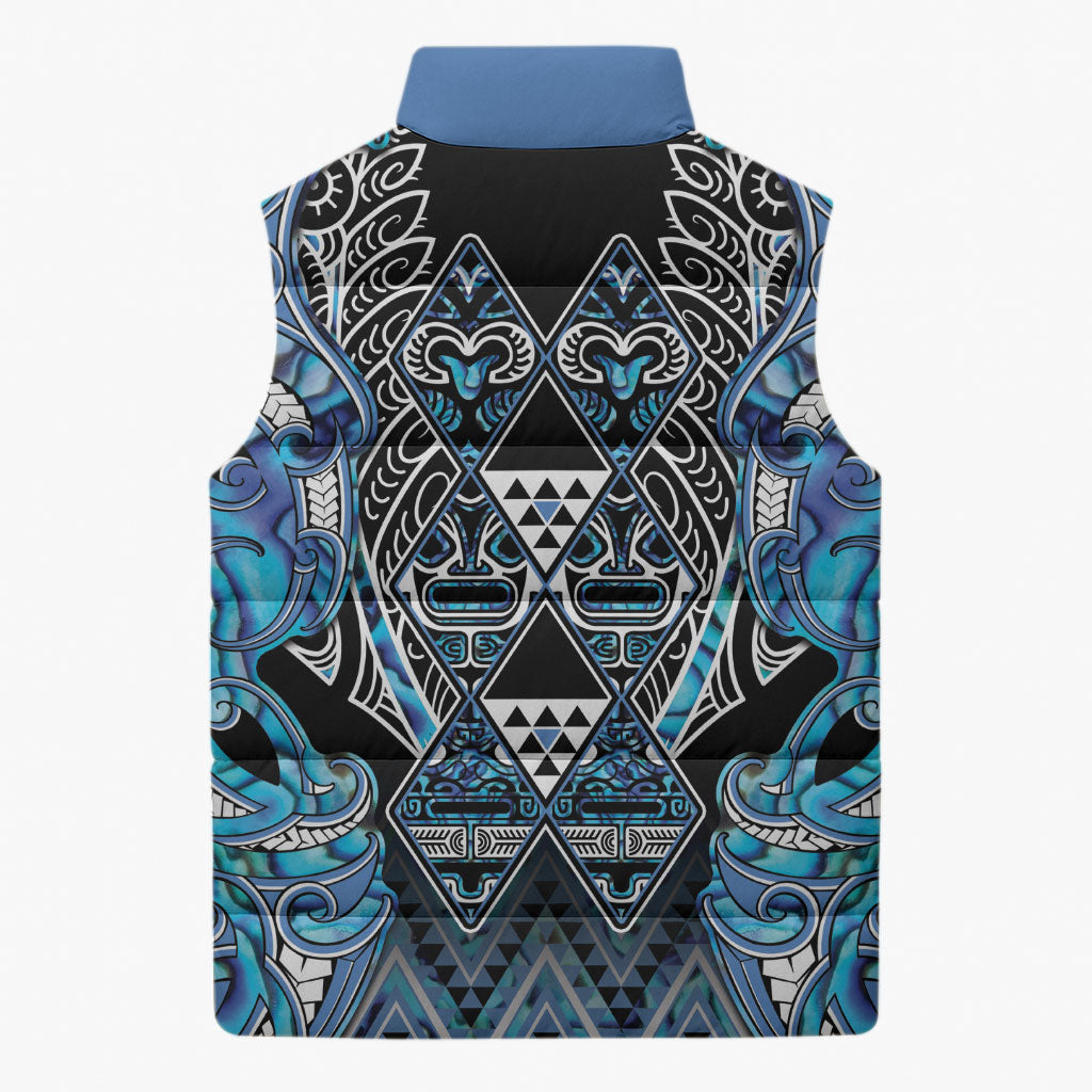 Aotearoa Ngati Porou Sleeveless Puffer Jacket Maori Light Blue Tribal Paua Shell Pattern