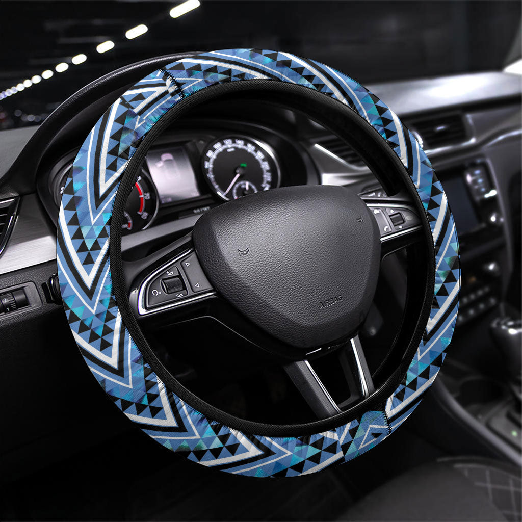 Aotearoa Ngati Porou Steering Wheel Cover Maori Light Blue Tribal Paua Shell Pattern