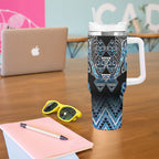 Aotearoa Ngati Porou Tumbler With Handle Maori Light Blue Tribal Paua Shell Pattern