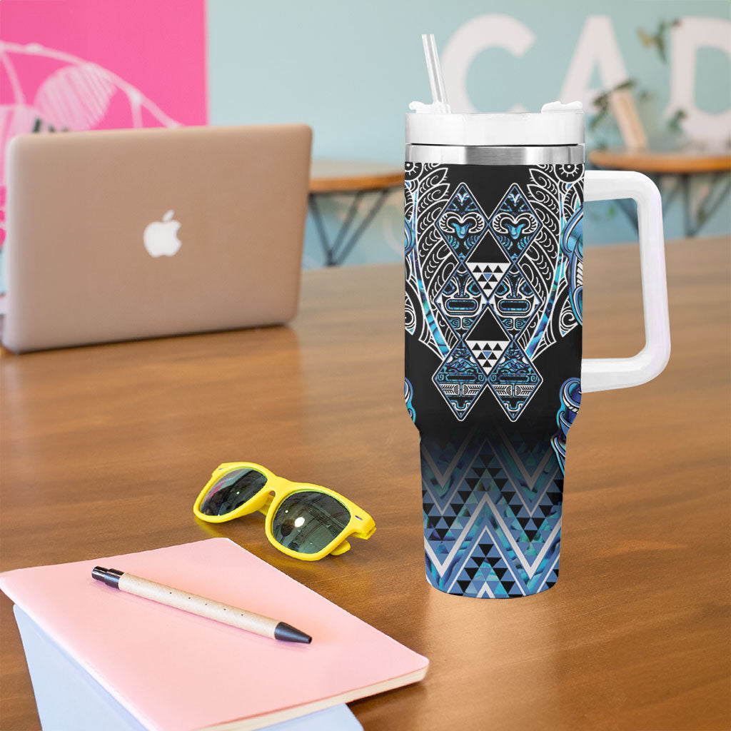 Aotearoa Ngati Porou Tumbler With Handle Maori Light Blue Tribal Paua Shell Pattern