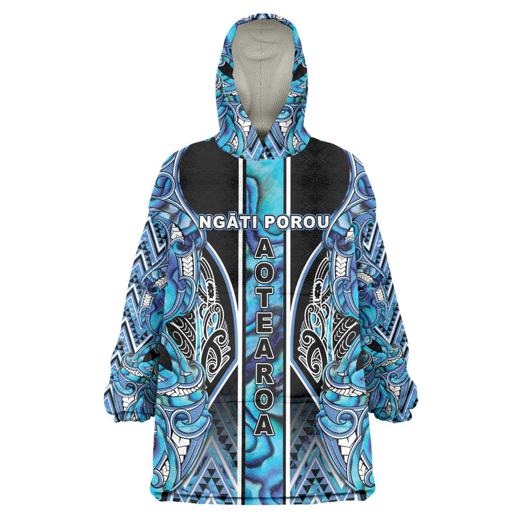 Aotearoa Ngati Porou Wearable Blanket Hoodie Maori Light Blue Tribal Paua Shell Pattern