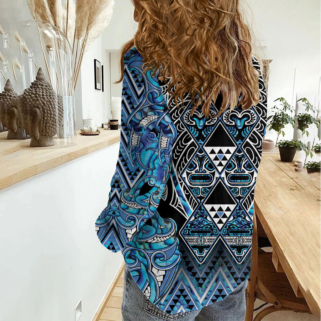Aotearoa Ngati Porou Women Casual Shirt Maori Light Blue Tribal Paua Shell Pattern