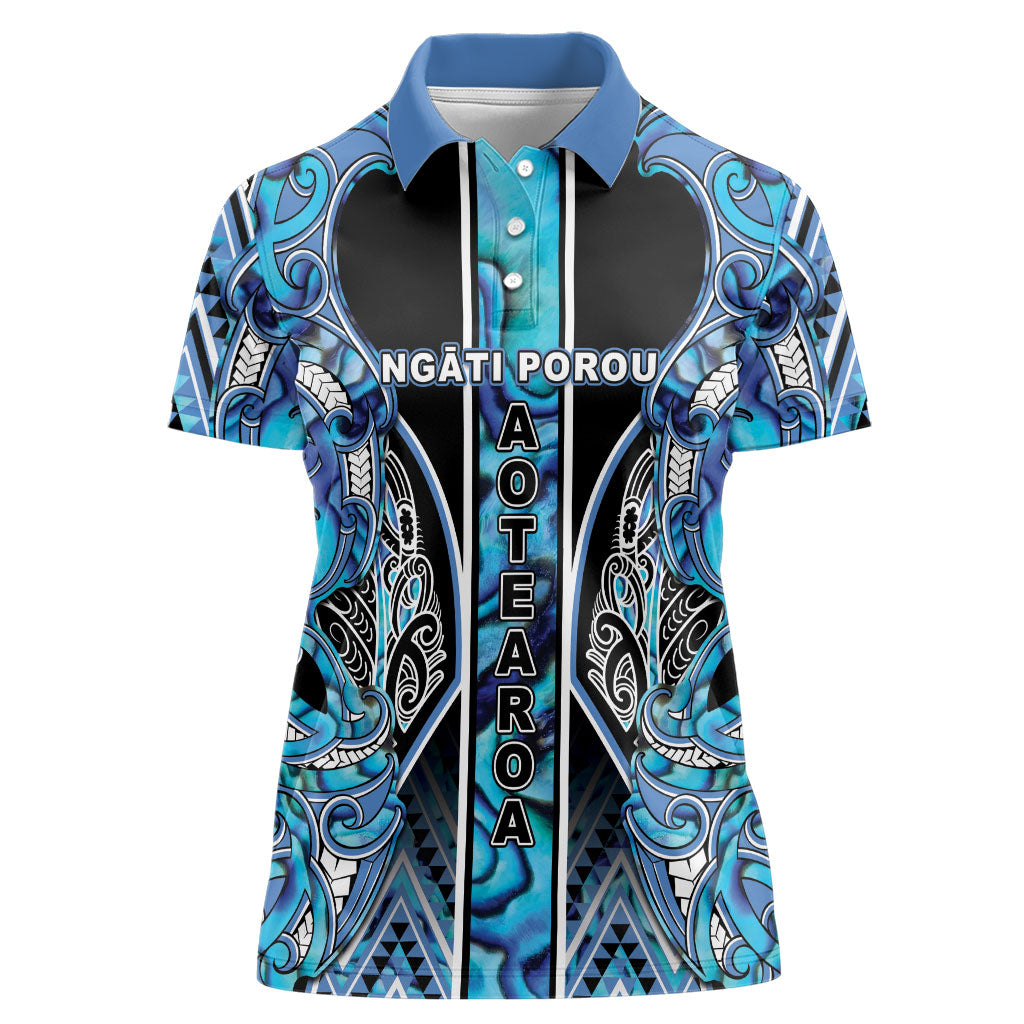 Aotearoa Ngati Porou Women Polo Shirt Maori Light Blue Tribal Paua Shell Pattern
