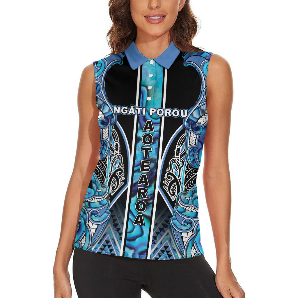 Aotearoa Ngati Porou Women Sleeveless Polo Shirt Maori Light Blue Tribal Paua Shell Pattern