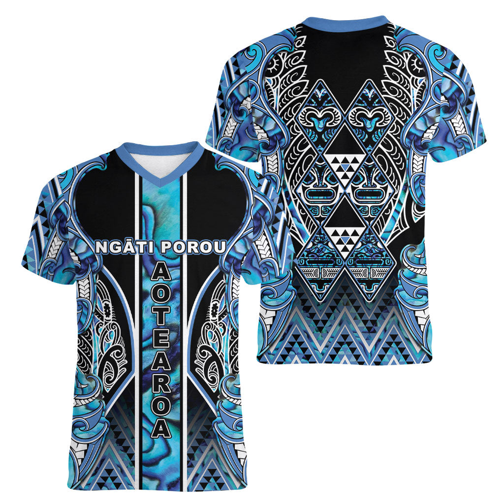 Aotearoa Ngati Porou Women V-Neck T-Shirt Maori Light Blue Tribal Paua Shell Pattern