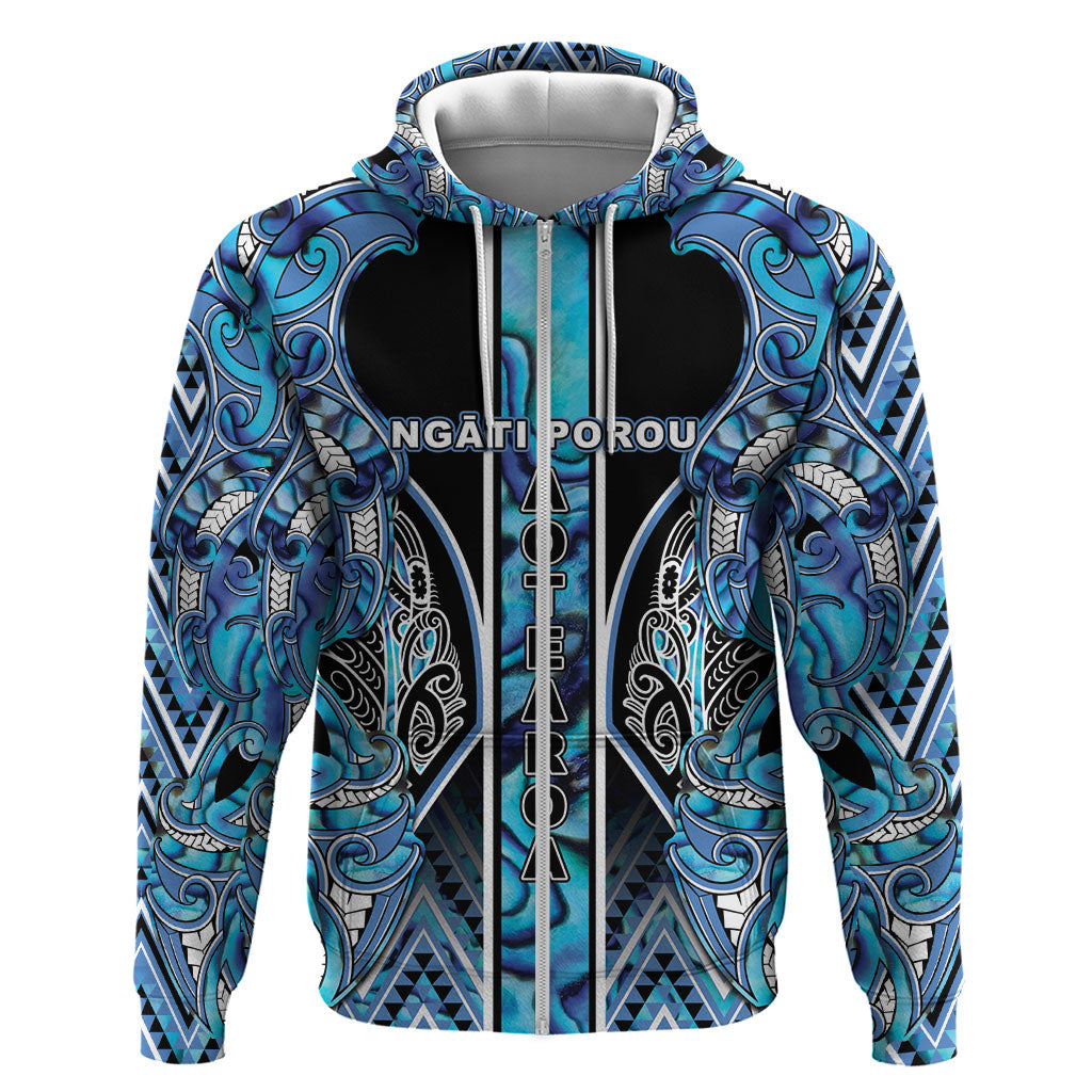 Aotearoa Ngati Porou Zip Hoodie Maori Light Blue Tribal Paua Shell Pattern