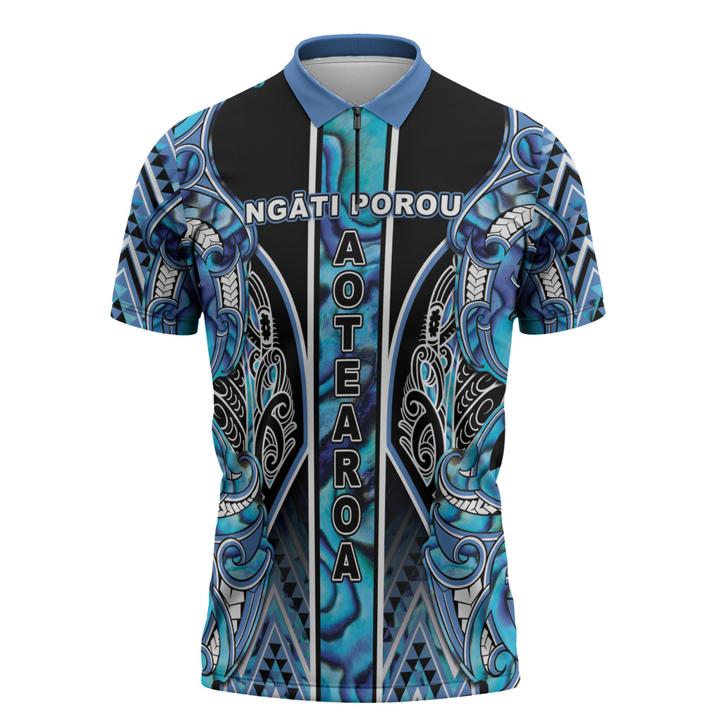 Aotearoa Ngati Porou Zipper Polo Shirt Maori Light Blue Tribal Paua Shell Pattern