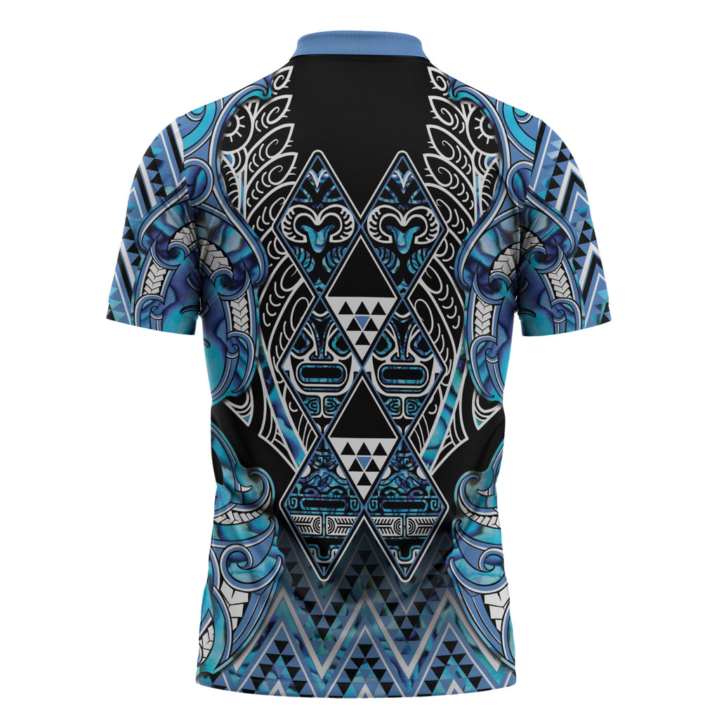 Aotearoa Ngati Porou Zipper Polo Shirt Maori Light Blue Tribal Paua Shell Pattern