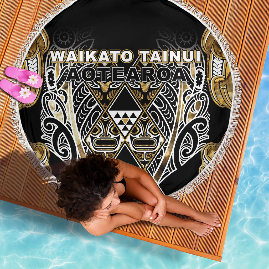 Aotearoa Waikato Tainui Beach Blanket Maori Light Gold Tribal Paua Shell Pattern