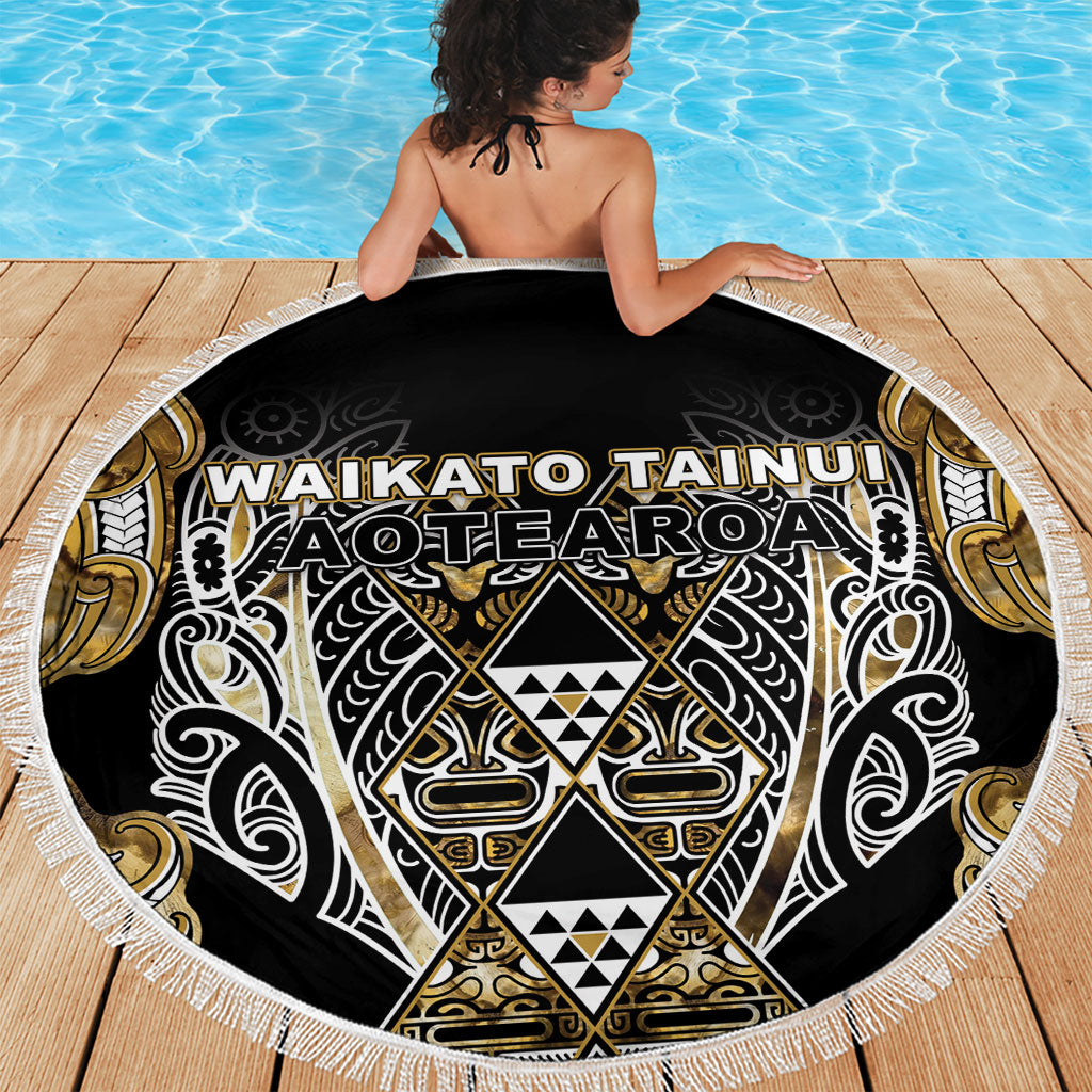 Aotearoa Waikato Tainui Beach Blanket Maori Light Gold Tribal Paua Shell Pattern