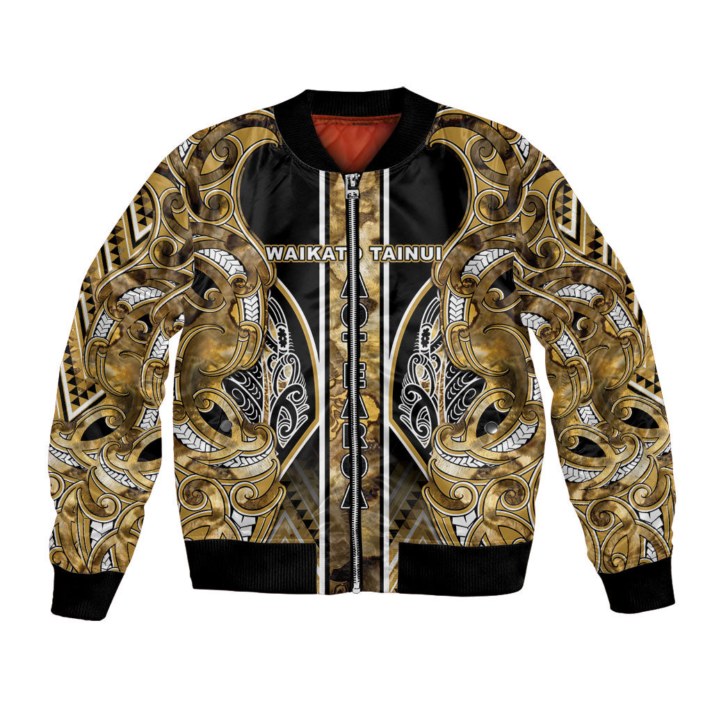Aotearoa Waikato Tainui Bomber Jacket Maori Light Gold Tribal Paua Shell Pattern