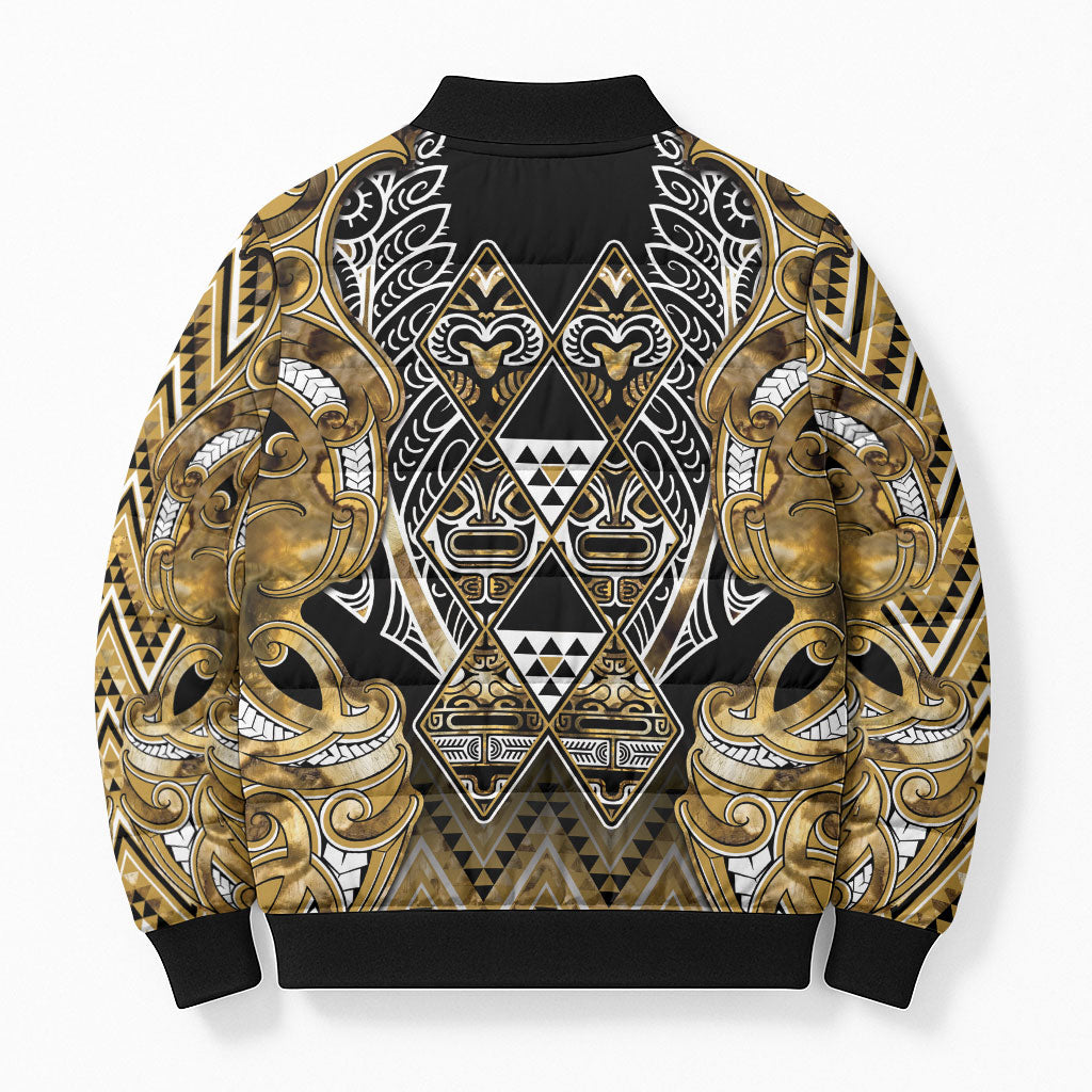 Aotearoa Waikato Tainui Bomber Puffer Jacket Maori Light Gold Tribal Paua Shell Pattern