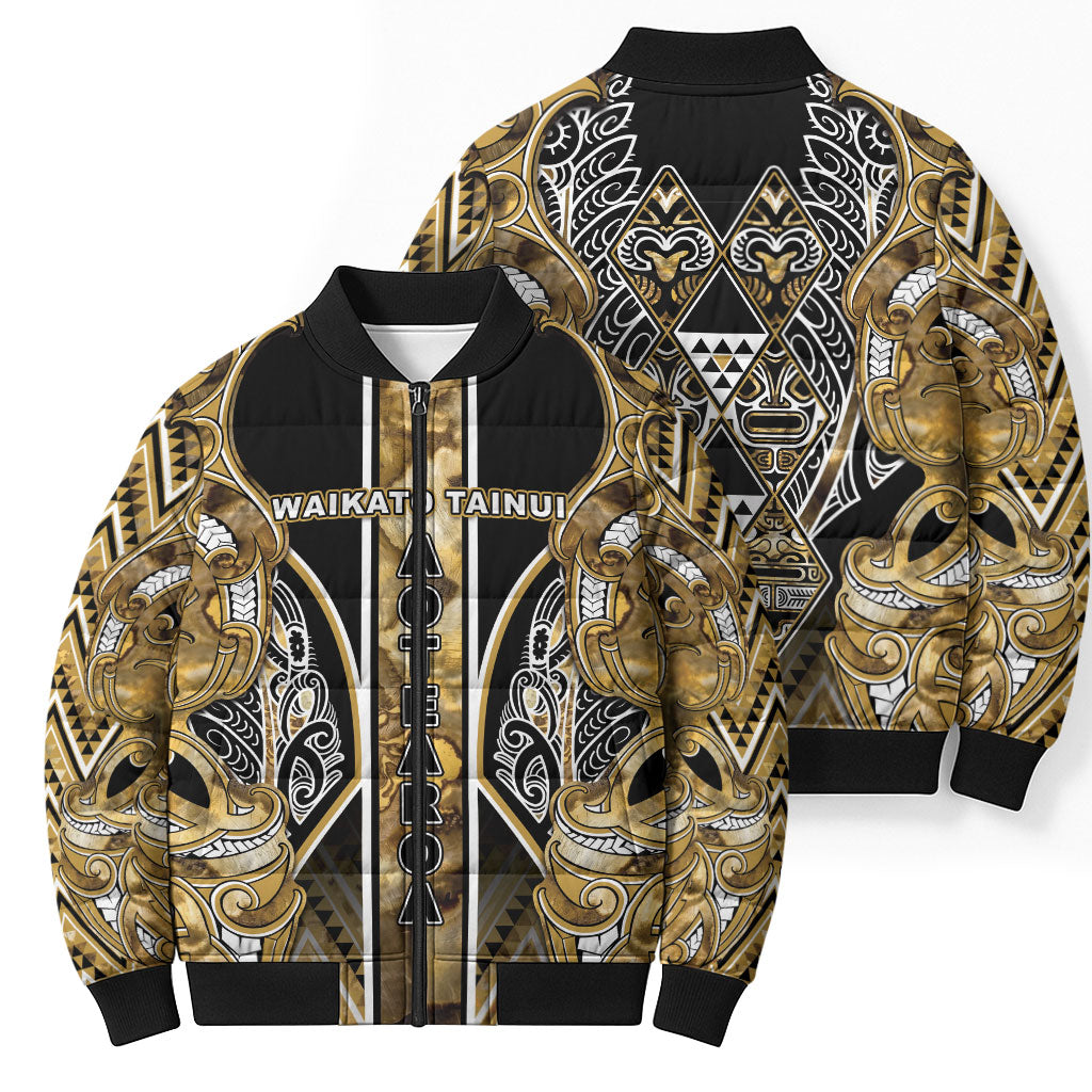 Aotearoa Waikato Tainui Bomber Puffer Jacket Maori Light Gold Tribal Paua Shell Pattern