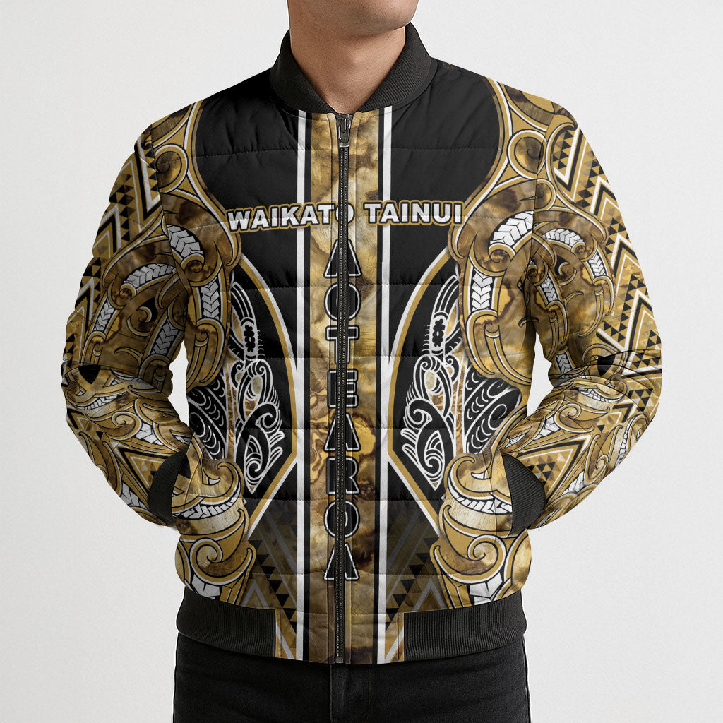 Aotearoa Waikato Tainui Bomber Puffer Jacket Maori Light Gold Tribal Paua Shell Pattern