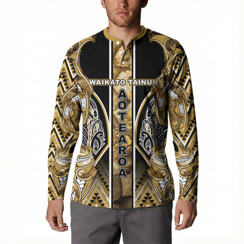 Aotearoa Waikato Tainui Button Sweatshirt Maori Light Gold Tribal Paua Shell Pattern