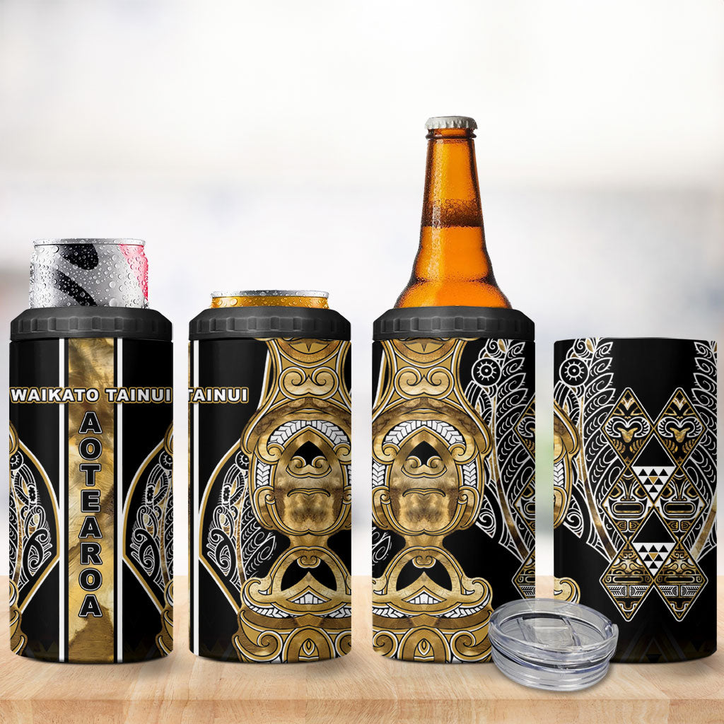 Aotearoa Waikato Tainui 4 in 1 Can Cooler Tumbler Maori Light Gold Tribal Paua Shell Pattern