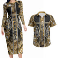 Aotearoa Waikato Tainui Couples Matching Long Sleeve Bodycon Dress and Hawaiian Shirt Maori Light Gold Tribal Paua Shell Pattern