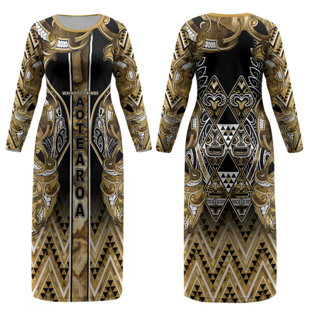 Aotearoa Waikato Tainui Couples Matching Long Sleeve Bodycon Dress and Hawaiian Shirt Maori Light Gold Tribal Paua Shell Pattern