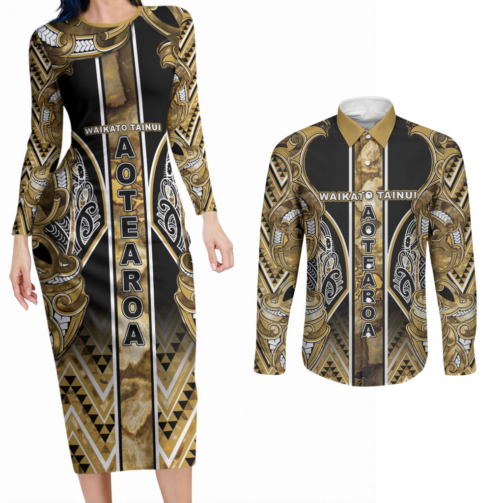 Aotearoa Waikato Tainui Couples Matching Long Sleeve Bodycon Dress and Long Sleeve Button Shirt Maori Light Gold Tribal Paua Shell Pattern