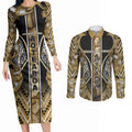Aotearoa Waikato Tainui Couples Matching Long Sleeve Bodycon Dress and Long Sleeve Button Shirt Maori Light Gold Tribal Paua Shell Pattern