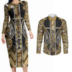 Aotearoa Waikato Tainui Couples Matching Long Sleeve Bodycon Dress and Long Sleeve Button Shirt Maori Light Gold Tribal Paua Shell Pattern