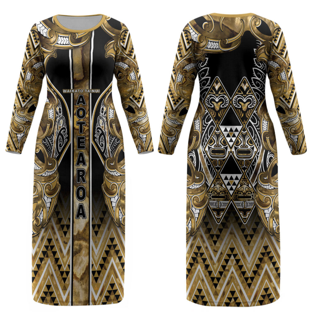 Aotearoa Waikato Tainui Couples Matching Long Sleeve Bodycon Dress and Long Sleeve Button Shirt Maori Light Gold Tribal Paua Shell Pattern