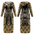 Aotearoa Waikato Tainui Couples Matching Long Sleeve Bodycon Dress and Long Sleeve Button Shirt Maori Light Gold Tribal Paua Shell Pattern
