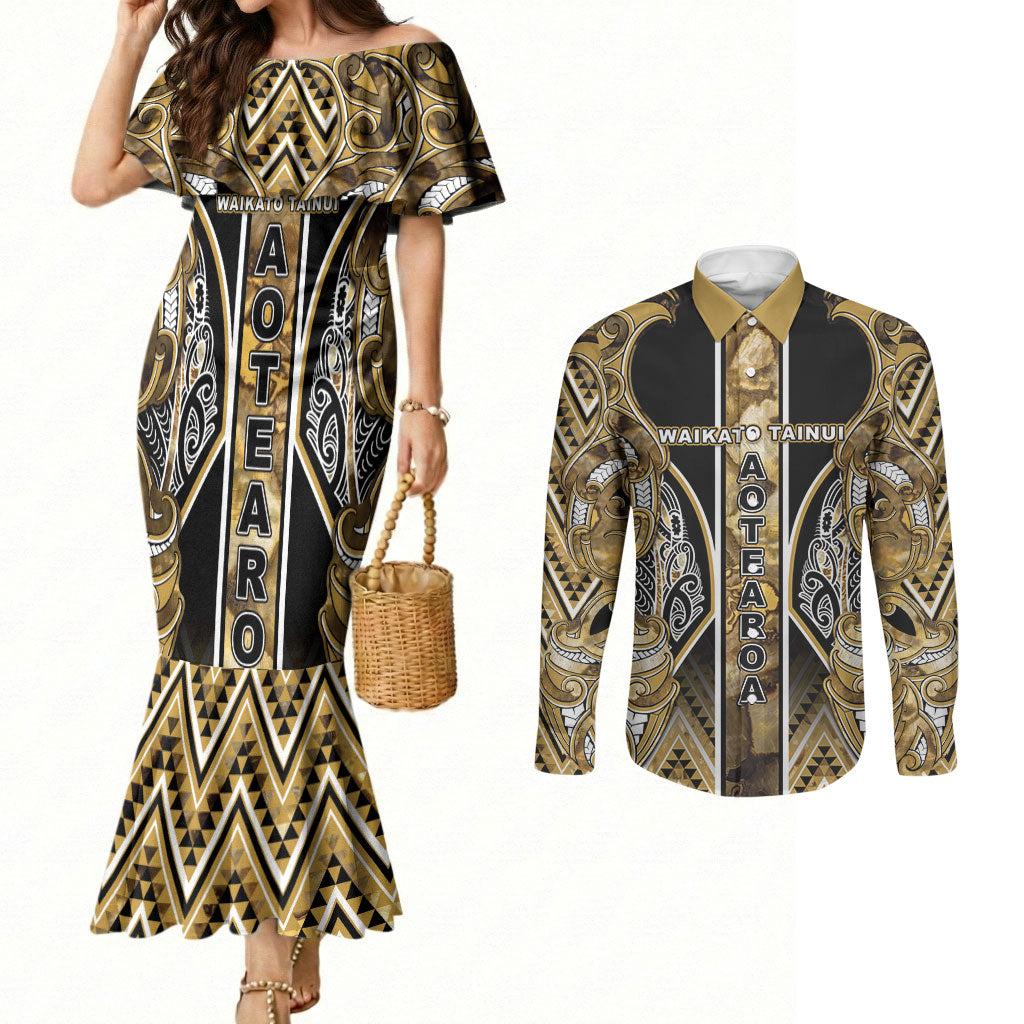 Aotearoa Waikato Tainui Couples Matching Mermaid Dress and Long Sleeve Button Shirt Maori Light Gold Tribal Paua Shell Pattern