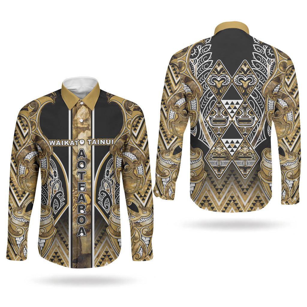 Aotearoa Waikato Tainui Couples Matching Mermaid Dress and Long Sleeve Button Shirt Maori Light Gold Tribal Paua Shell Pattern