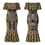Aotearoa Waikato Tainui Couples Matching Mermaid Dress and Long Sleeve Button Shirt Maori Light Gold Tribal Paua Shell Pattern