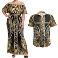 Aotearoa Waikato Tainui Couples Matching Off Shoulder Maxi Dress and Hawaiian Shirt Maori Light Gold Tribal Paua Shell Pattern